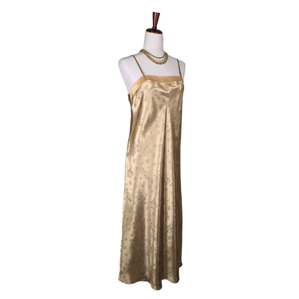 Vintage Y2K Slip Dress SZ M/L Gold Satin Asian Prom Fairy Floral Jacquard Whismy